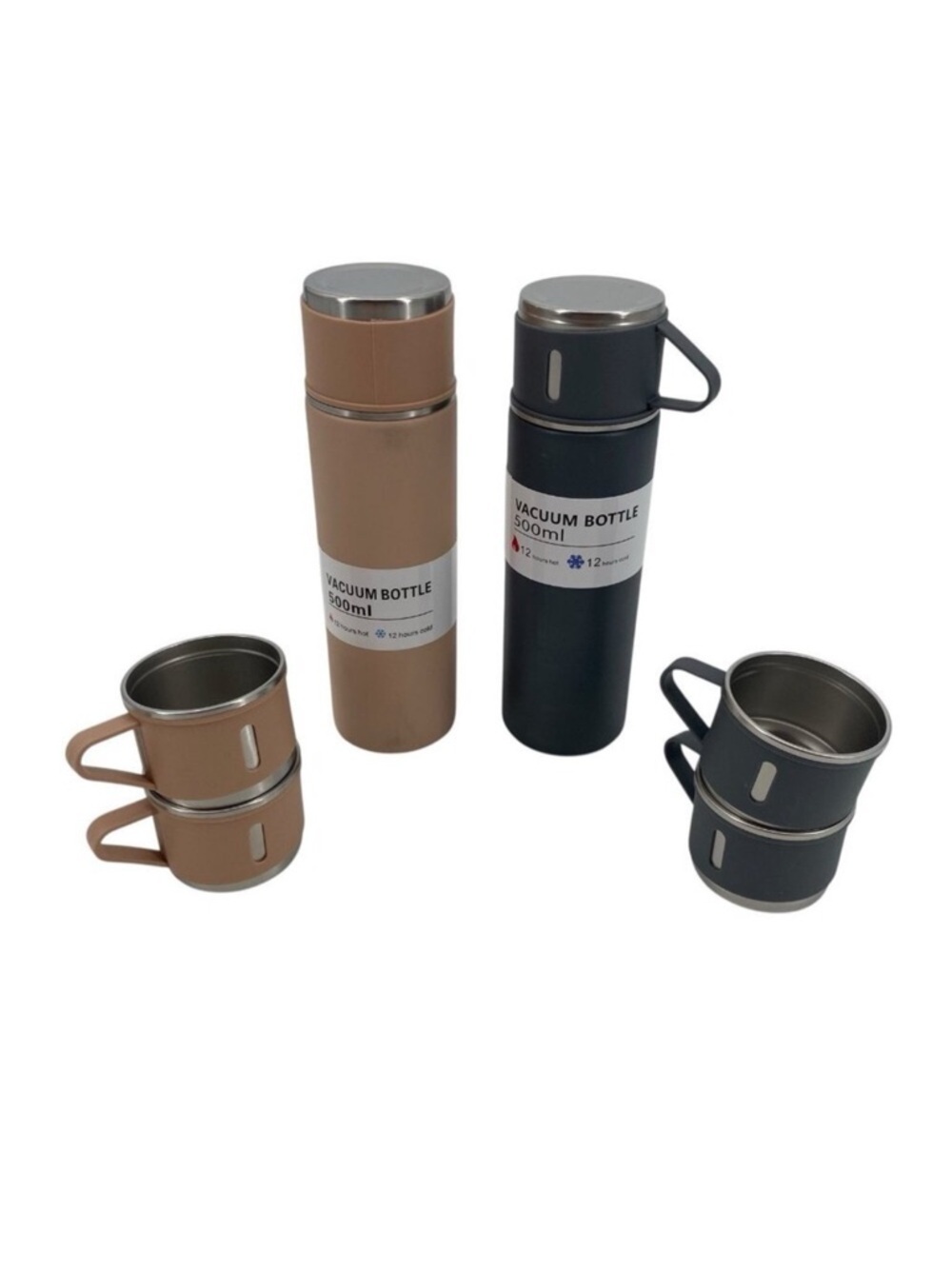 Vacuum Flask (2 Qty) Gift Set 500ML With 4 Extra Cups Pink And Black